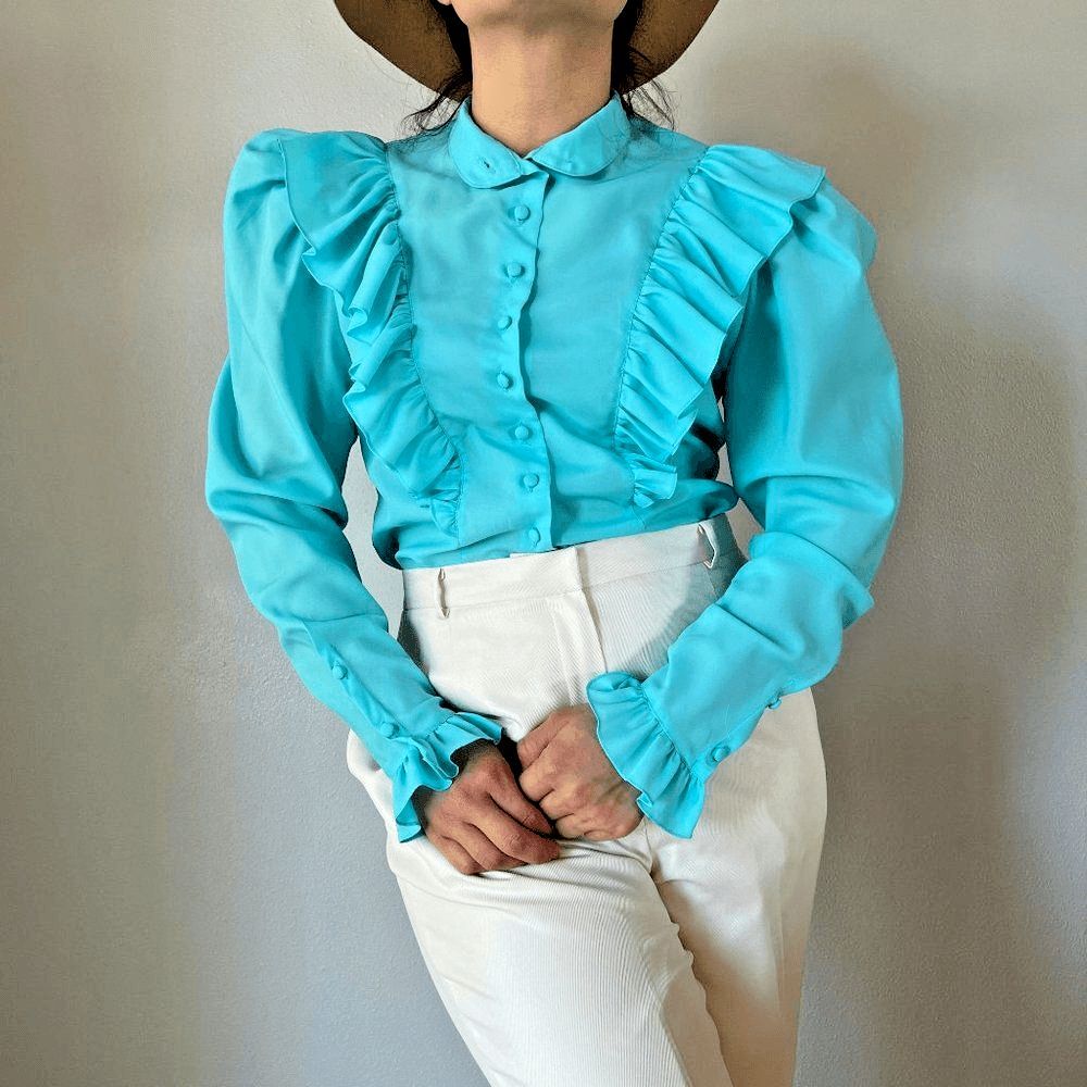 vtg 70s western button blouse large ruffle collared puff sleeves victorian small